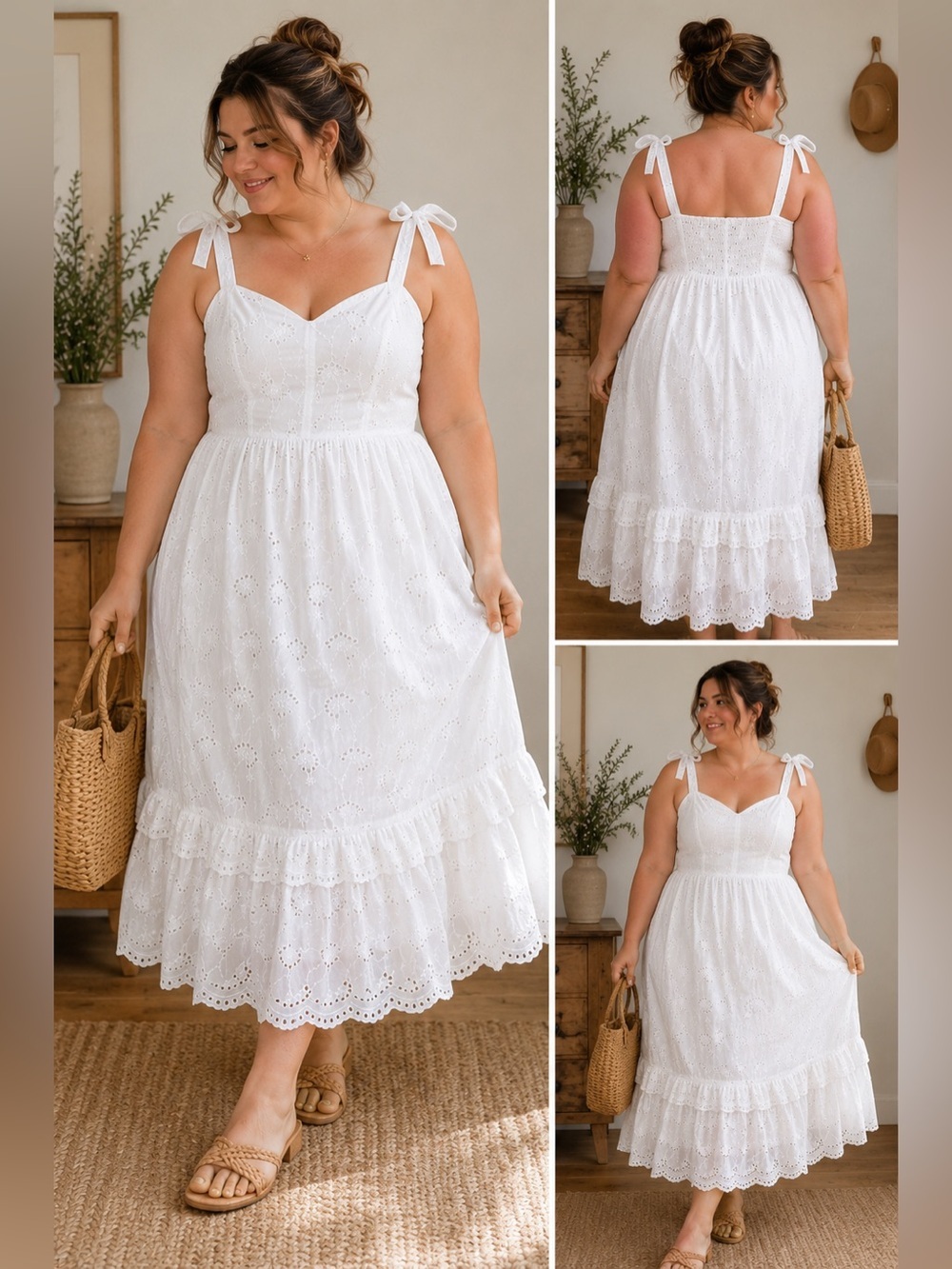 Taylor White Eyelet Embroidered Tie Strap Cottagecore Midi Dress Size 14 Boho